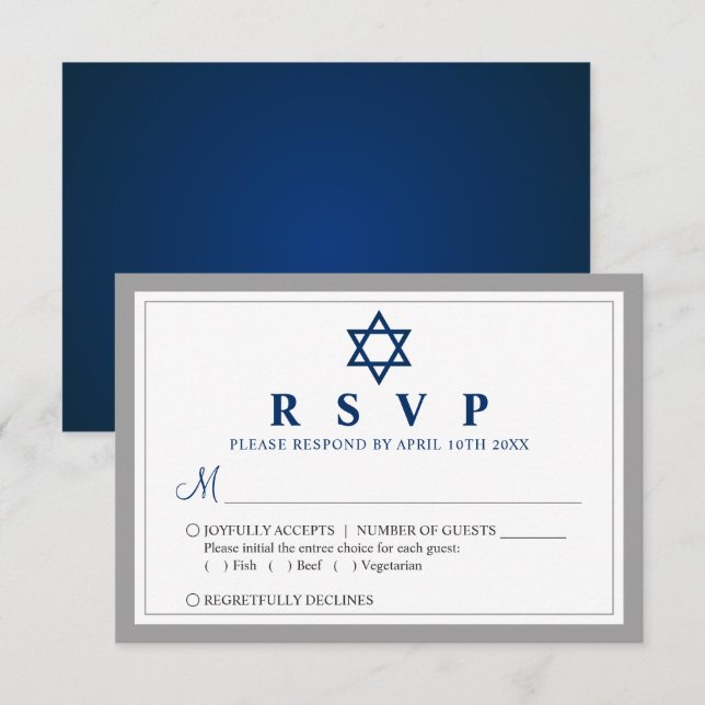Elegant Gray and Navy Blue Bar Mitzvah RSVP Card (Front/Back)