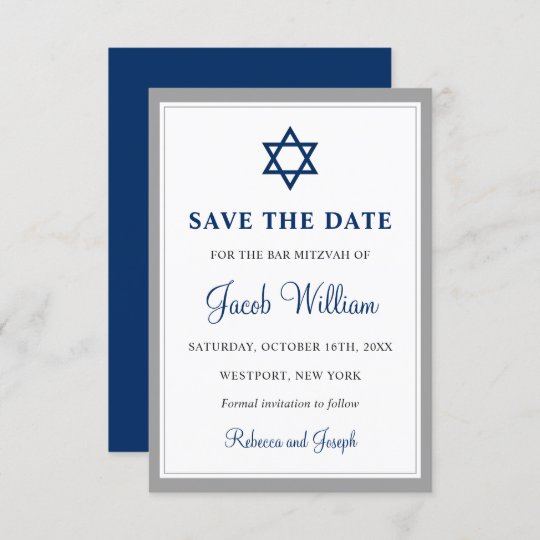 Elegant Gray and Navy Blue Bar Mitzvah Save The Date