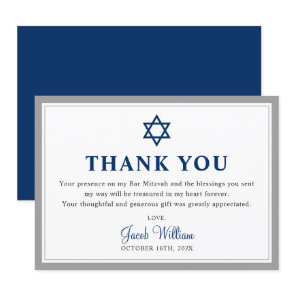 Elegant Gray and Navy Blue Bar Mitzvah Thank You Card