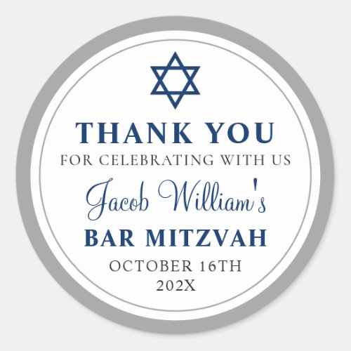Elegant Gray and Navy Blue Bar Mitzvah Thank You Classic Round Sticker