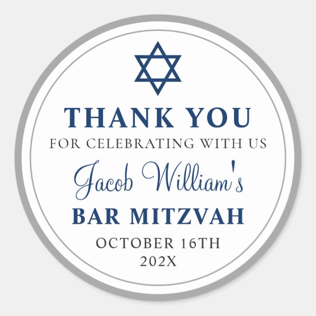 Elegant Gray and Navy Blue Bar Mitzvah Thank You Classic Round Sticker (Front)