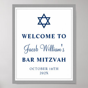 Elegant Gray and Navy Blue Bar Mitzvah Welcome Poster