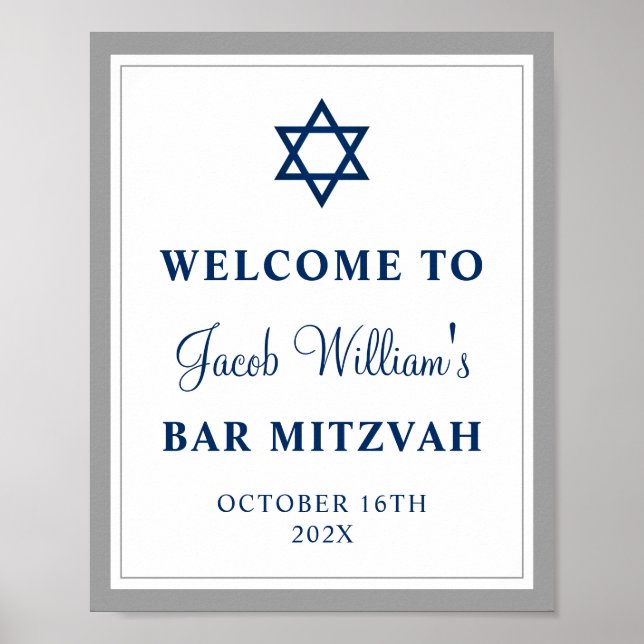 Elegant Gray and Navy Blue Bar Mitzvah Welcome  Poster (Front)