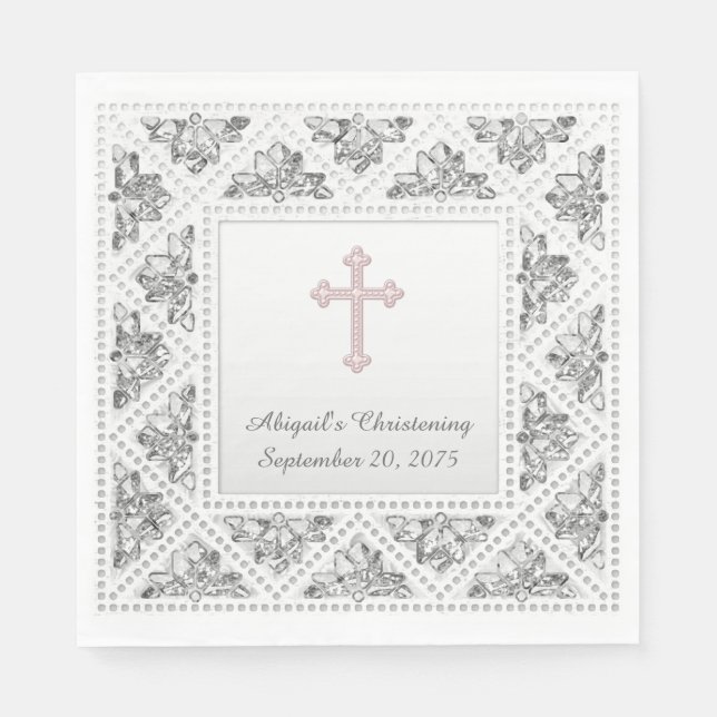 Elegant Gray and Pink Cross Napkins (Front)
