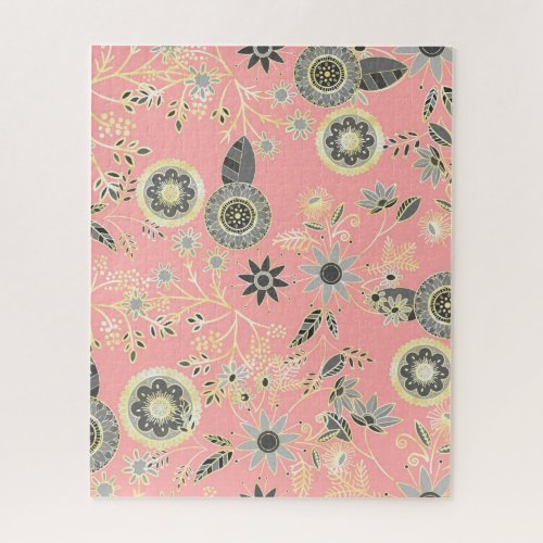 Elegant Gray and Pink Folk Floral Golden Design Jigsaw Puzzle