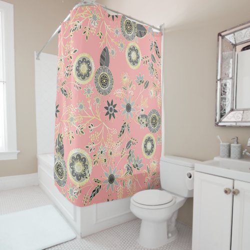 Elegant Gray and Pink Folk Floral Golden Design Shower Curtain