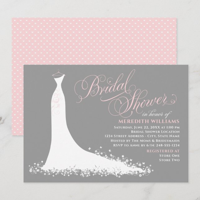 Elegant Gray and Pink Wedding Gown Bridal Shower Invitation (Front/Back)