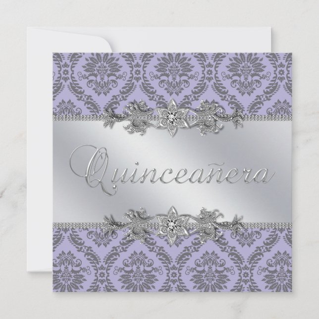 Elegant Gray and Purple Damask Quinceanera Invitation (Front)
