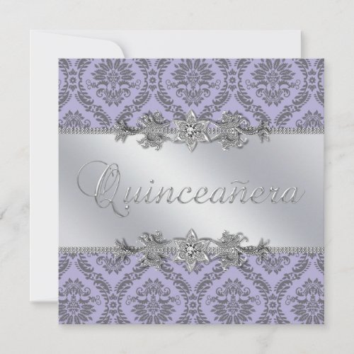 Elegant Gray and Purple Damask Quinceanera Announcements