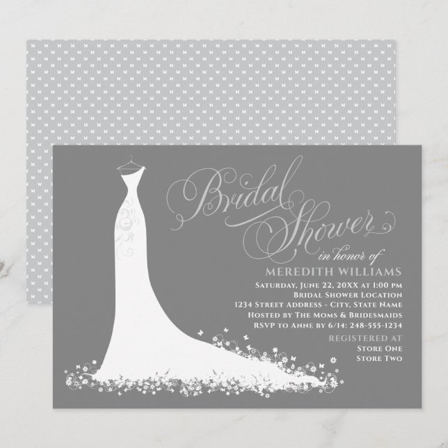 Elegant Gray and Silver Wedding Gown Bridal Shower Invitation (Front/Back)