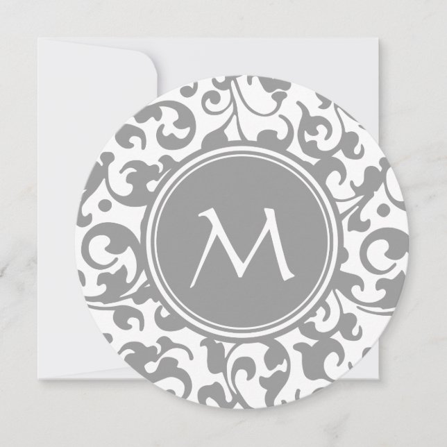 Elegant Gray and White Damask Scroll Monogram Invitation (Front)