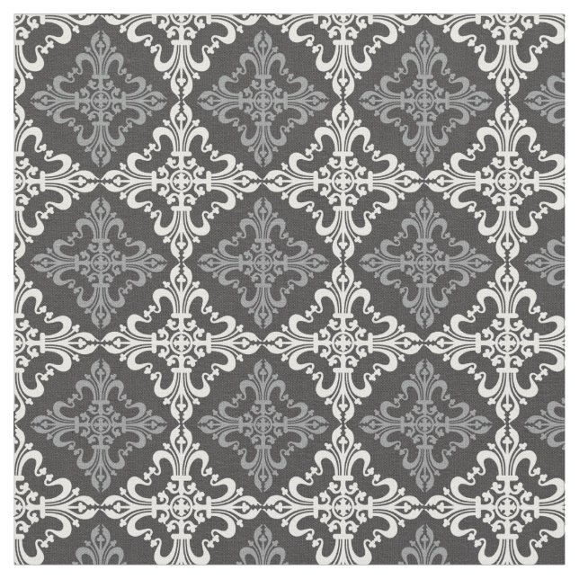 Elegant Gray And White Fleur De Lis Pattern Fabric (Close Up)