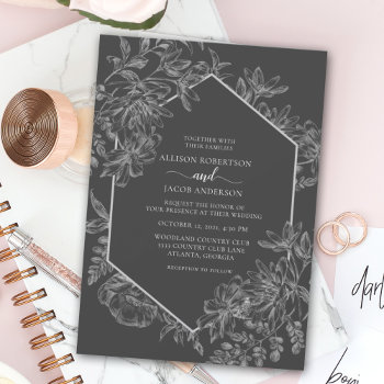 Elegant Gray And White Geometric Floral Wedding Invitation by BerryPieInvites at Zazzle
