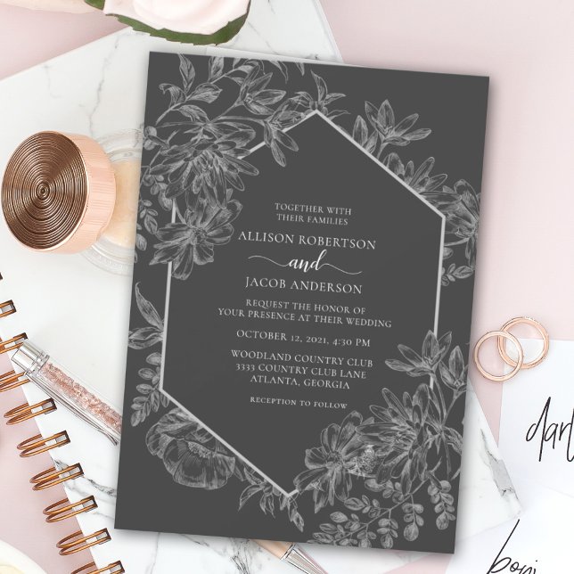 Elegant Gray and White Geometric Floral Wedding Invitation (Creator Uploaded)
