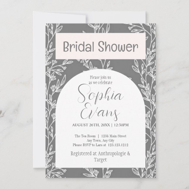 Elegant Gray and White Leaves Bridal Shower Invitation (Front)
