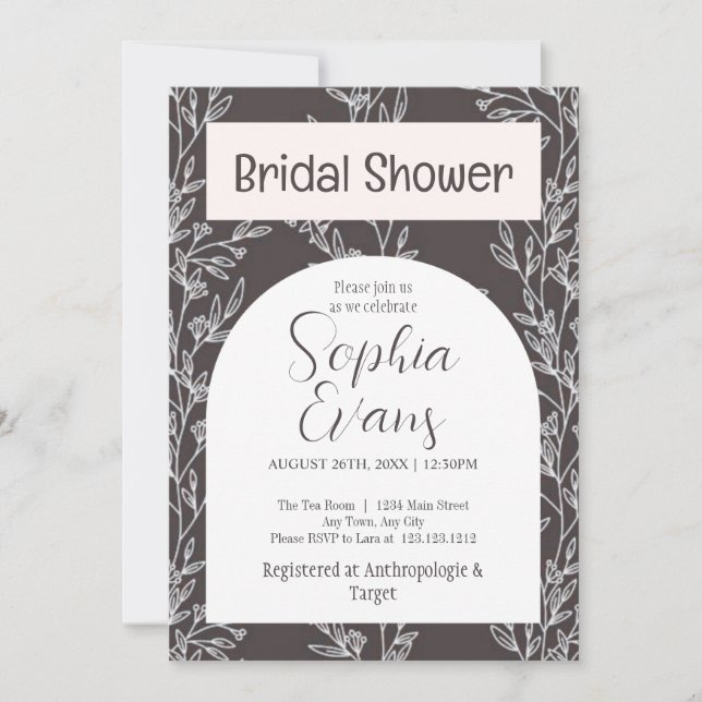 Elegant Gray and White Leaves Bridal Shower Invitation (Front)