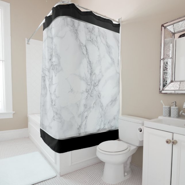 Elegant Gray and White Marble with Silver Accents Shower Curtain (In Situ)