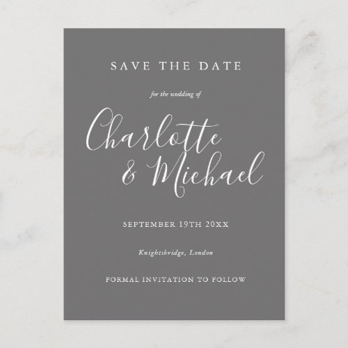 Elegant Gray And White Script Save the Date Postcard