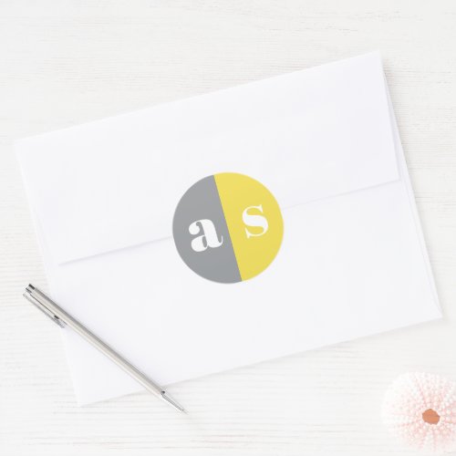 Elegant gray and yellow monogram wedding classic round sticker