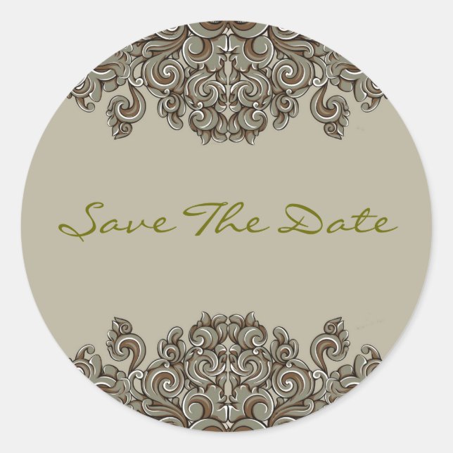Elegant Gray AndBeige Victorian Floral Swirls Classic Round Sticker (Front)