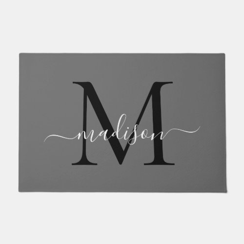 Elegant Gray Black Custom Monogram Script Name Doormat