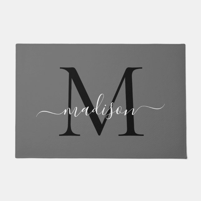 Elegant Gray Black Custom Monogram Script Name Doormat (Front)