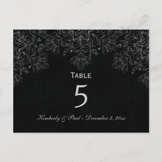 Elegant gray black floral swirl wedding table card (Front)