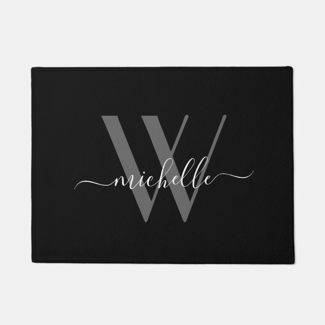Elegant Gray Black Monogram Name Script Initial Doormat (Front)