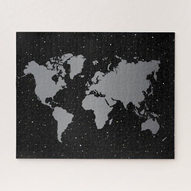 Elegant Gray & Black Night Star Galaxy & World Map Jigsaw Puzzle (Horizontal)