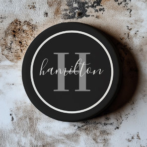 Elegant Gray Black Round Monogram Dark Coaster