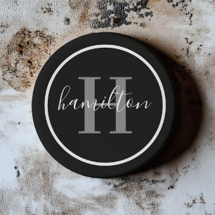 Elegant Gray Black Round Monogram Dark Coaster