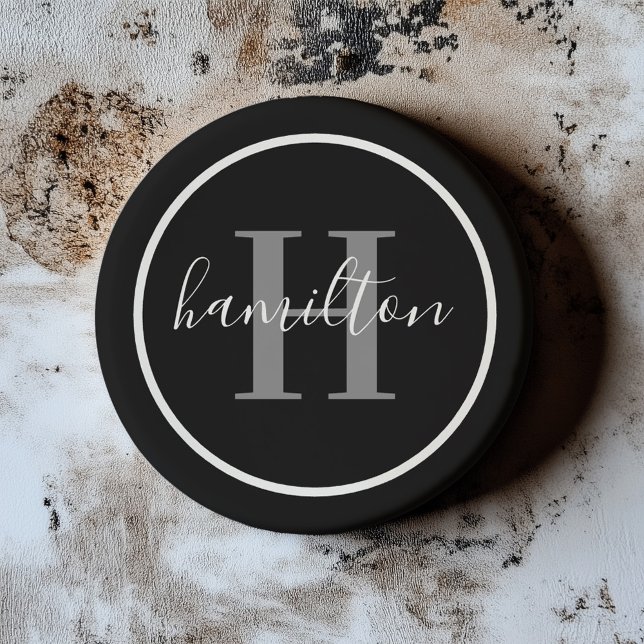 Elegant Gray Black Round Monogram Dark Coaster (Creator Uploaded)
