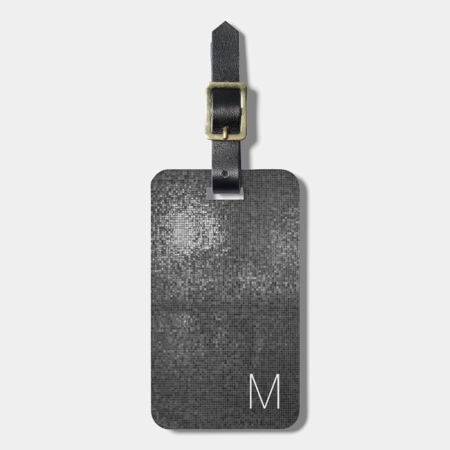 Elegant Gray Black Shiny Texture Monogram Luggage Tag (Front Vertical)