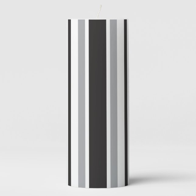 Elegant Gray Black White Stripe Pattern Pillar Candle (Front)