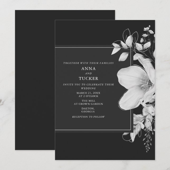 Elegant Gray Black & White Wedding Invitation (Front/Back)