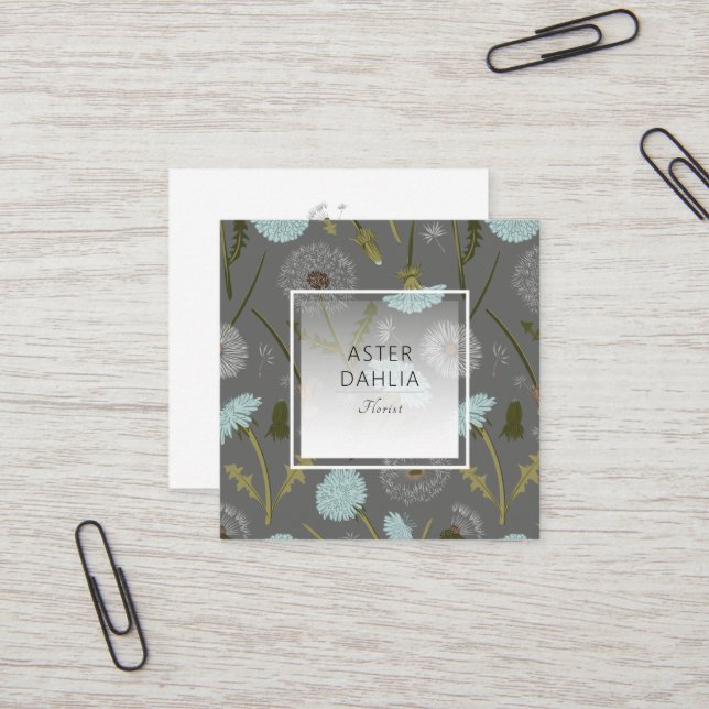 Elegant Gray Blue Dandelion Flowers Square Business Card (Front/Back In Situ)