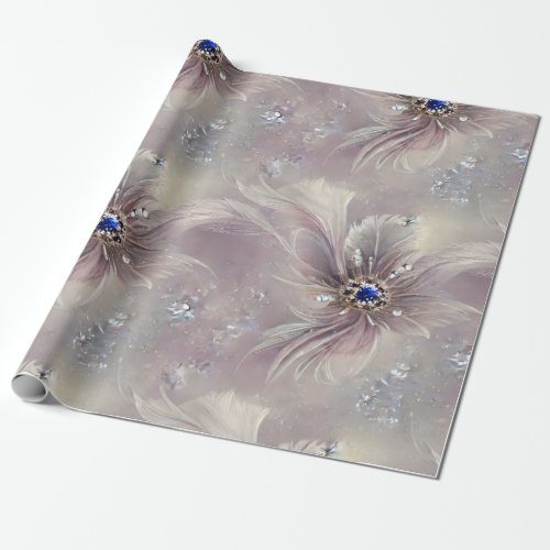 Elegant Gray  Blue Floral Feathery  Sparkle Bead Wrapping Paper
