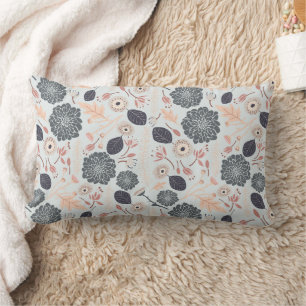 Elegant Gray Blue Peach Floral Pattern Lumbar Pillow