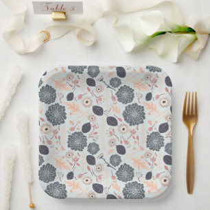 Elegant Gray Blue Peach Floral Pattern Paper Plates