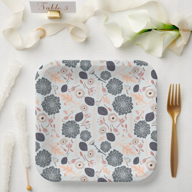 Elegant Gray Blue Peach Floral Pattern Paper Plates (Wedding)