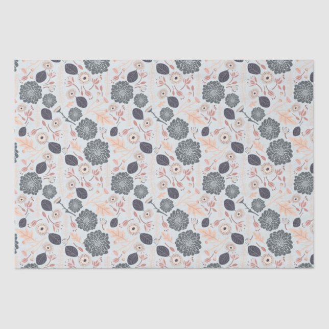 Elegant Gray Blue Peach Floral Pattern Tissue Paper (Front)