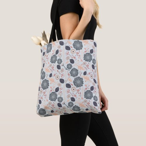 Elegant Gray Blue Peach Floral Pattern Tote Bag