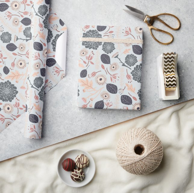 Elegant Gray Blue Peach Floral Pattern Wrapping Paper (Crafts)