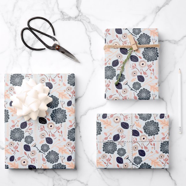 Elegant Gray Blue Peach Floral Pattern Wrapping Paper Sheets (Playful Gray Blue Peach Floral Pattern Wrapping Paper Sheets from Studio Posies.)