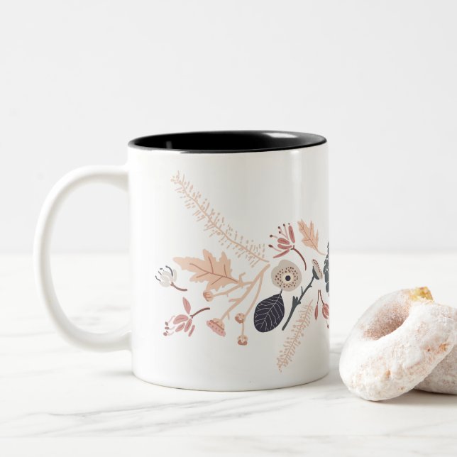 Elegant Gray Blue Peach Floral Repeat Pattern Two-Tone Coffee Mug (With Donut)