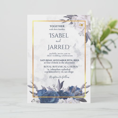 Elegant Gray Blue Peonies All in One Wedding Invitation