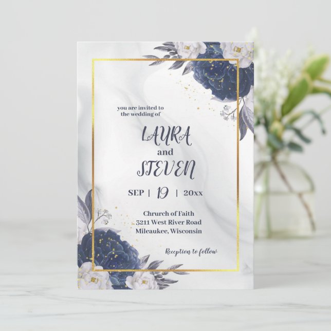 Elegant Gray Blue Peonies All In One Wedding Invitation (Standing Front)