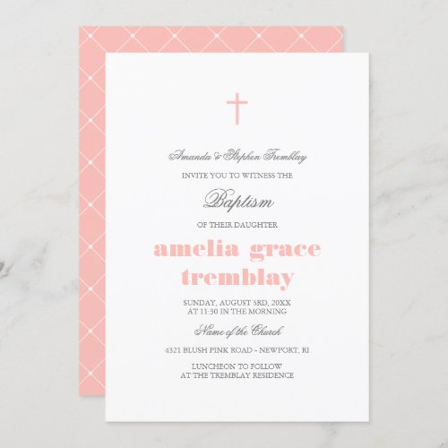 Elegant Gray  Blush Pink Cross Baptism Invitation