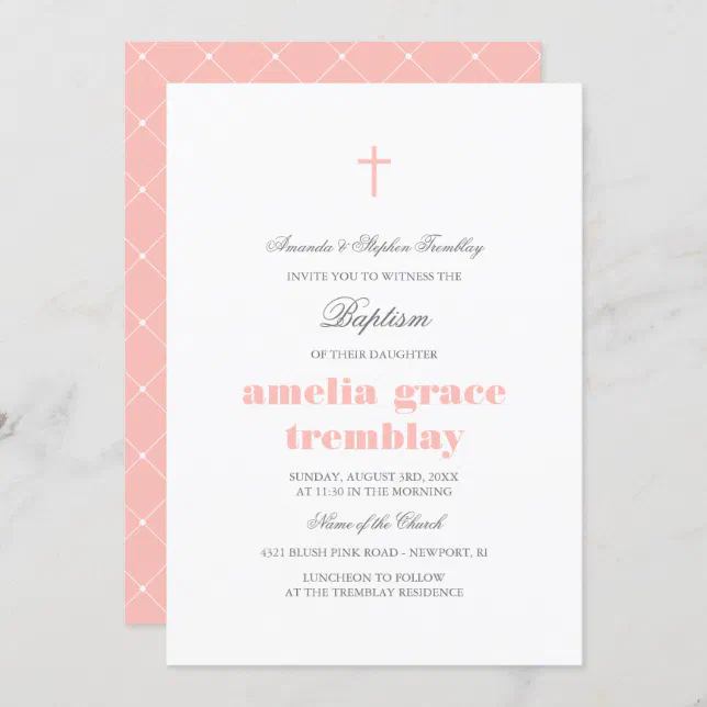 Elegant Gray & Blush Pink Cross Baptism Invitation | Zazzle