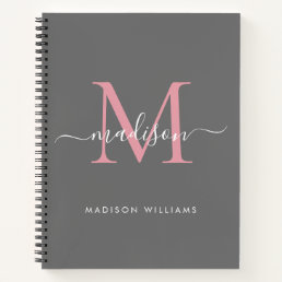 Elegant Gray Blush Pink Girly Monogram Script Name Notebook